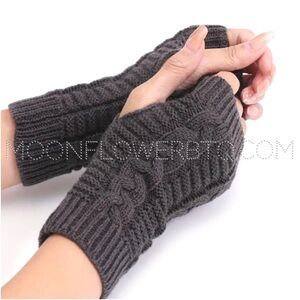 Gray Cable Knit Fingerless Gloves | Soft Stretch Winter Hand Warmers | One Size